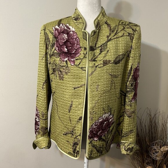 LINDA ALLARD ELLEN TRACY Chartreuse Green Purple Floral Silk Wool Jacket Sz 10 - Picture 1 of 7
